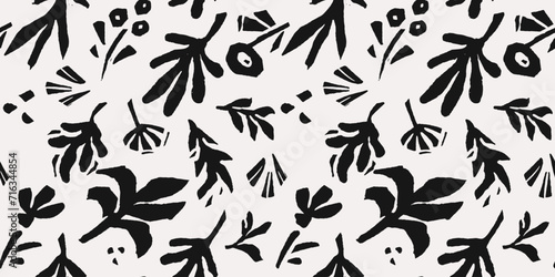 Hand drawn minimal abstract line organic shapes seamless pattern. Cutout plant © Vasileva