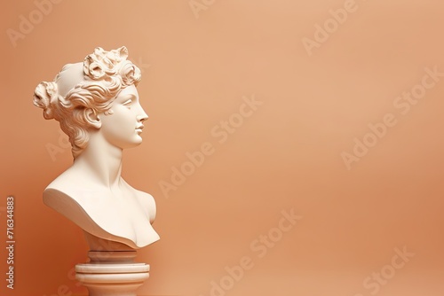 Antique Marble sculpture statue bust of an ancient Greek goddess on pastel background, copy space