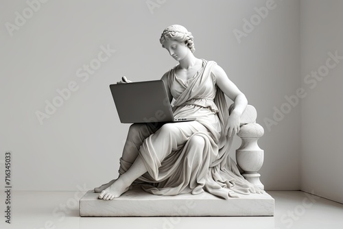 Ancient Marble sculpture statue of a Greek goddess with laptop