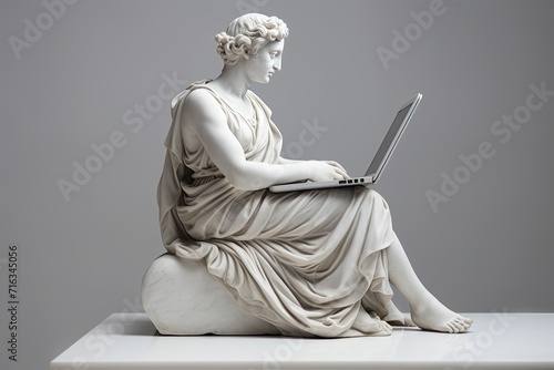 Ancient Marble sculpture statue of a Greek goddess with laptop