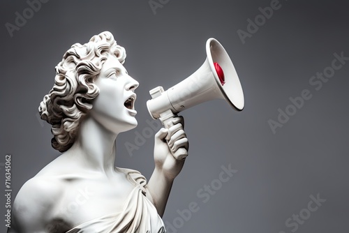 Antique Marble sculpture statue bust ancient Greek goddess woman shouts into a megaphone