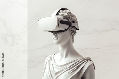 Antique sculpture of a statue ancient Greek goddess with VR headset photo