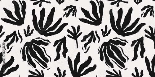 Hand drawn minimal abstract line organic shapes seamless pattern. Cutout boho plant contemporary