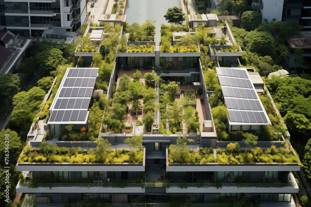 Urban Oasis: Aerial View of Rooftop Garden with Solar Panels