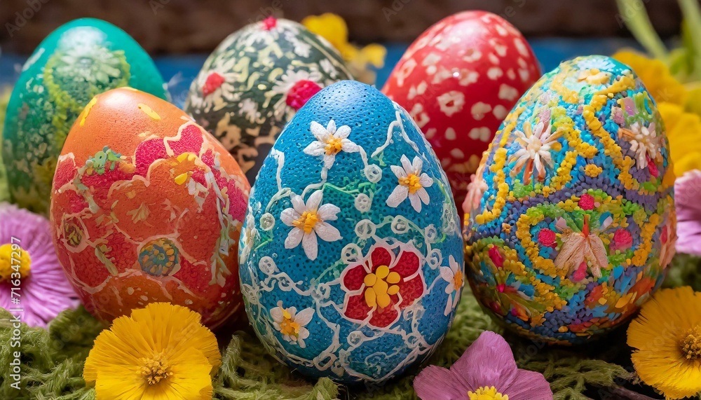 Decorated Easter Eggs: Elaborately decorated Easter eggs featuring intricate patterns.