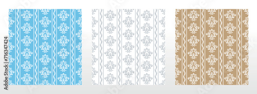 Wallpapers in the style of Baroque. Seamless vector backgrounds. Set of colored floral ornaments. Graphic patterns for fabric, wallpaper, packaging. Ornate Damask flower ornaments