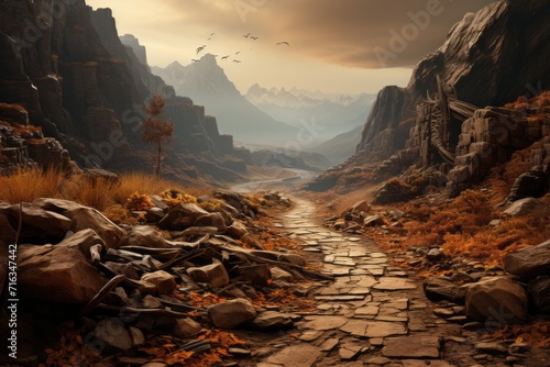Deserted Mountain Path in Fall  on an isolated Rustic Brown background  Generative AI