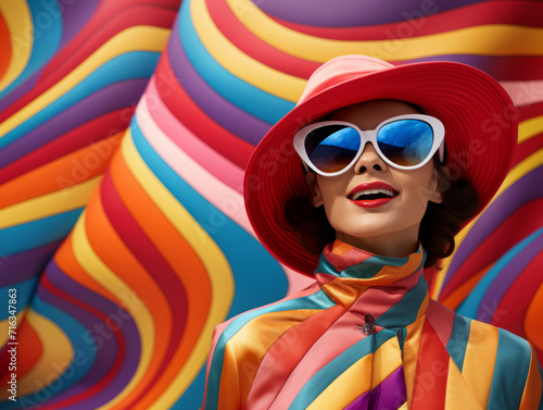 fashion cover, model in colorful striped outfit in fashion sunglasses and hat on striped background
