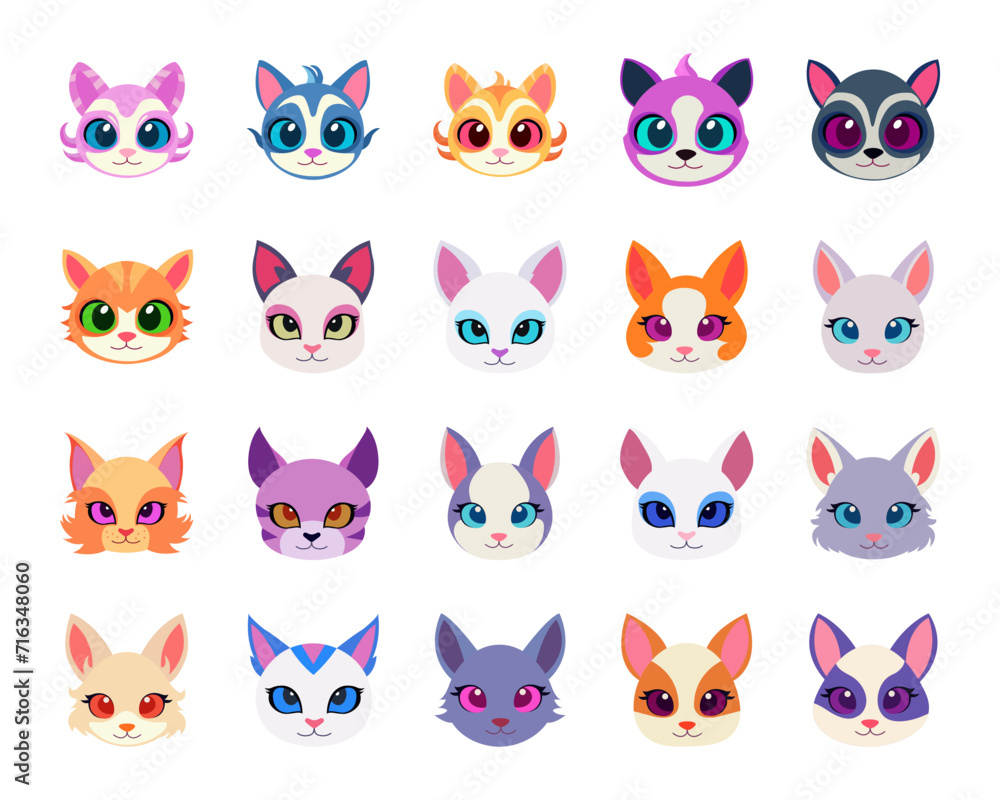 Set of Cute Cat Head Cartoon Vector Illustration. Cat face avatar illustration