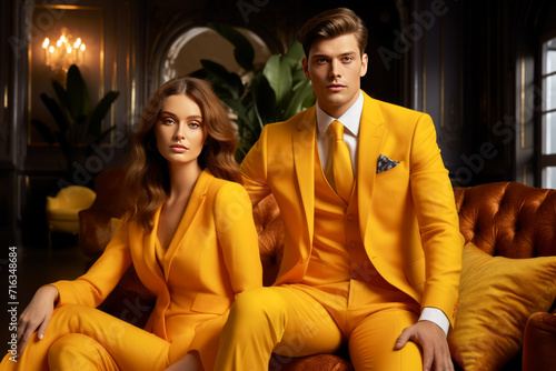 Beautiful couple in yellow outfit in stylish living room. Luxury lifestyle