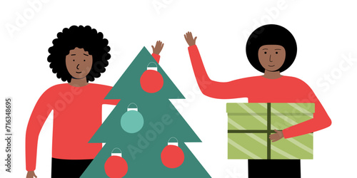 Christmas holidays, winter mood, gifts in the hands of a boy. African American man and woman, family celebrating holidays. Ready vector illustration isolated on white background