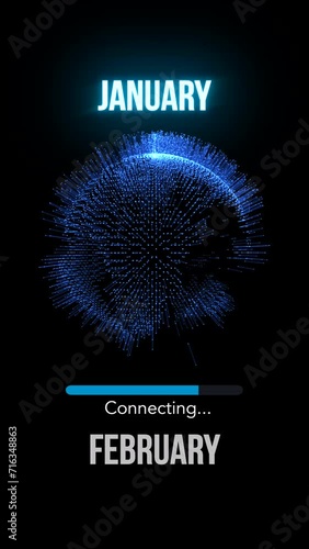 January connecting to February. Futuristic new neon symbol abstract digital concept. Global network and cyber technology background seamless and looped 3d animation.9:16
