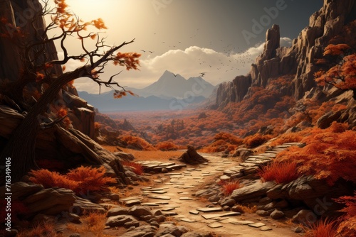 Deserted Mountain Path in Fall, on an isolated Rustic Brown background, Generative AI