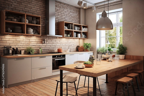 Interior of a modern kitchen in an apartment or cottage. Trendy kitchen furnishings in a townhouse or apartment