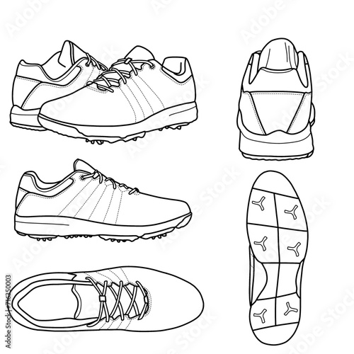 A pair of golf shoes, sports footwear. Vector sketch illustration, top, front, back, side, and bottom view. Isolated on a white background. photo