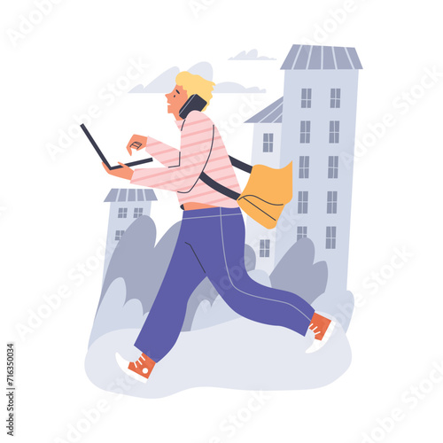 Freelancer working remotely in the city while walking and talking on phone