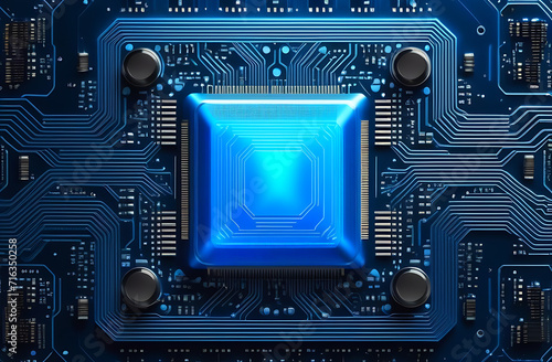 Blue Computer chip on the motherboard. Computer processor on a blue chip. Technological Brain. The concept of modern technologies, the development of artificial intelligence