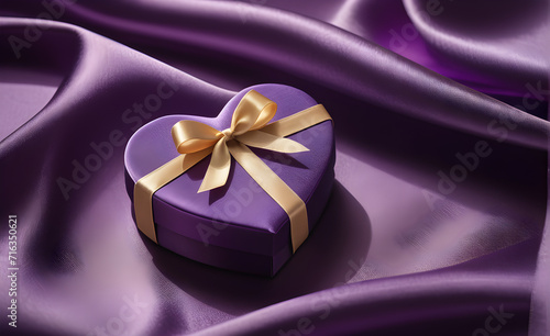 Heart-shaped gift box, nestled on a backdrop of smooth purple silk, Valentine's Day, Christmas. Generative AI