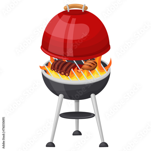 Cooking meat on bones and chicken on a flaming grill with the lid slightly open. Vector illustration