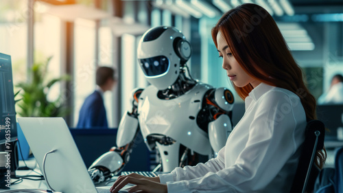 An AI generative image of lady worker work alongside artificial intelligence robot in office.