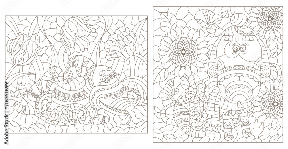 A set of contour illustrations in the style of stained glass with cute dogs, dark contours on a white background A set of contour illustrations in the style of stained glass with cute dogs, dark contours on a white background