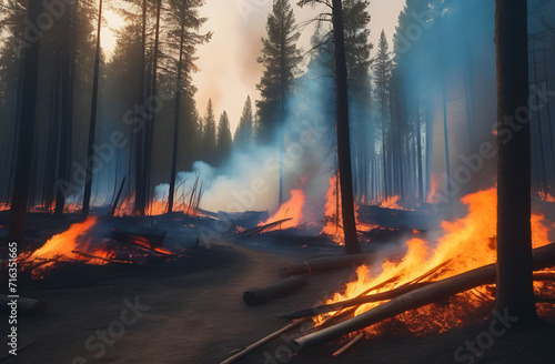 Fire in the forest. A natural disaster is a forest burning in a fire. Pine forest suffers from fire