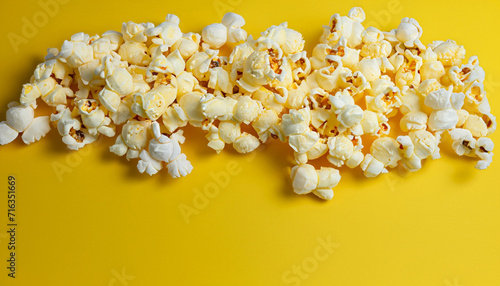 Tasty salted popcorn isolated on a yellow background. Popcorn border isolated on yellow, clipping path included. Cinema, movies and entertainment concept.