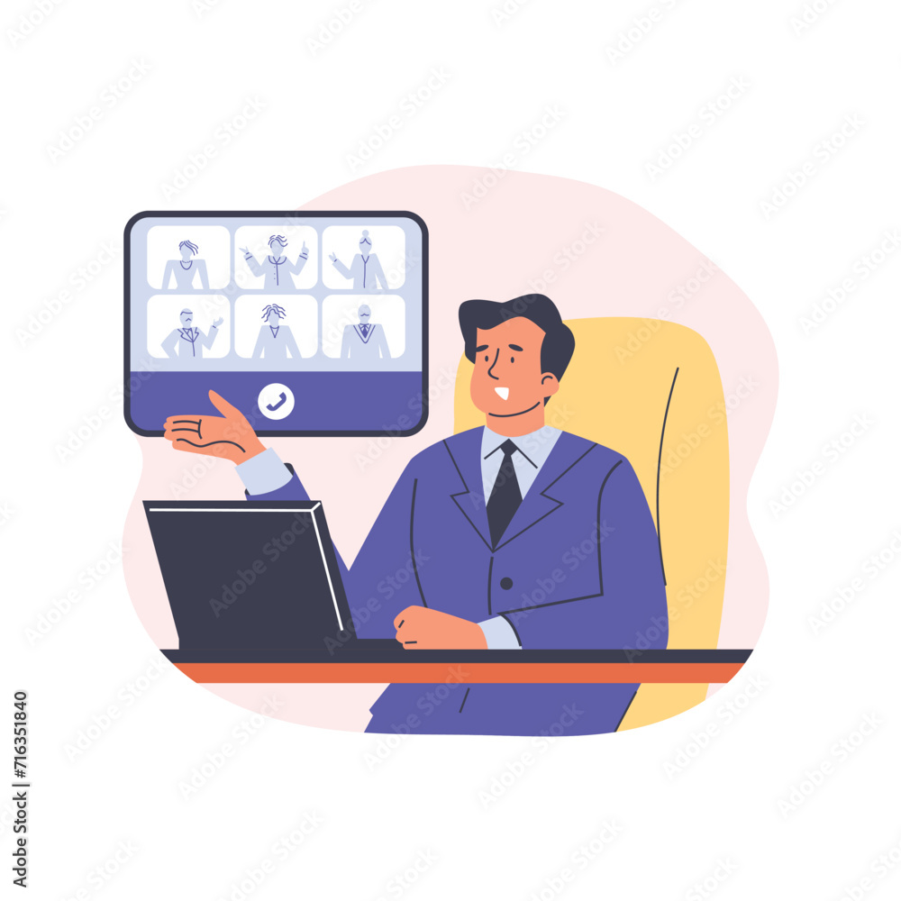 Man working online, video conference or meeting, vector illustration on white