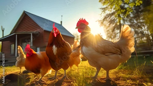 a group of chickens near the farm in the sun looks at the camera. Generative Ai, nature. photo