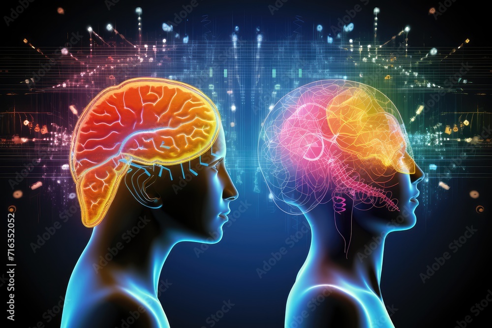 Synergies of human mind, synapses lighting colorful, Brain health monitoring, language learning, and cognitive skills improvement. Brain nerve synapses think psychohygiene nerve cell concentration Synergies of human mind, synapses lighting colorful, Brain health monitoring, language learning, and cognitive skills improvement. Brain nerve synapses think psychohygiene nerve cell concentration