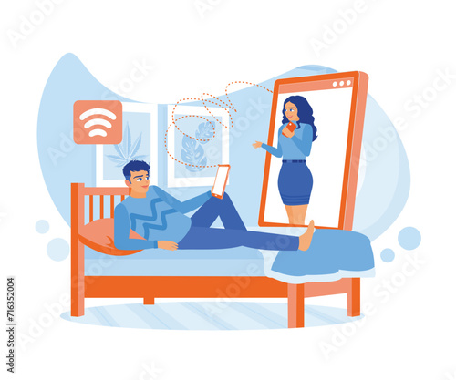 Man lying in bed using a smartphone to select photos of beautiful girls on online dating site. Online Dating concept. Flat vector illustration. © berkah design