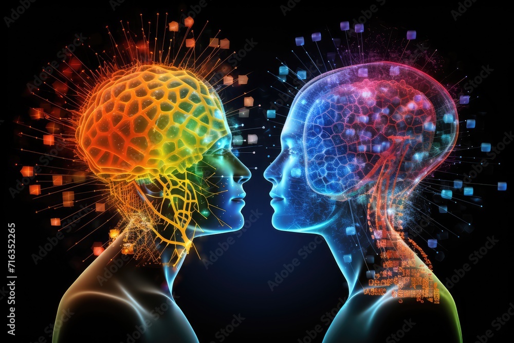 Synergies of human mind, synapses lighting colorful, Brain health monitoring, language learning, and cognitive skills improvement. Brain nerve synapses think psychohygiene nerve cell concentration Synergies of human mind, synapses lighting colorful, Brain health monitoring, language learning, and cognitive skills improvement. Brain nerve synapses think psychohygiene nerve cell concentration
