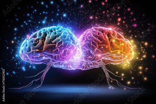 Synergies of human mind, synapses lighting colorful, Brain health monitoring, language learning, and cognitive skills improvement. Brain nerve synapses think psychohygiene nerve cell concentration