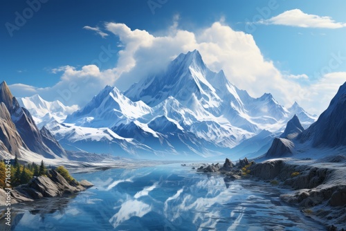 Majestic Snow-capped Peaks, on an isolated Icy Blue background, Generative AI © Box Milk