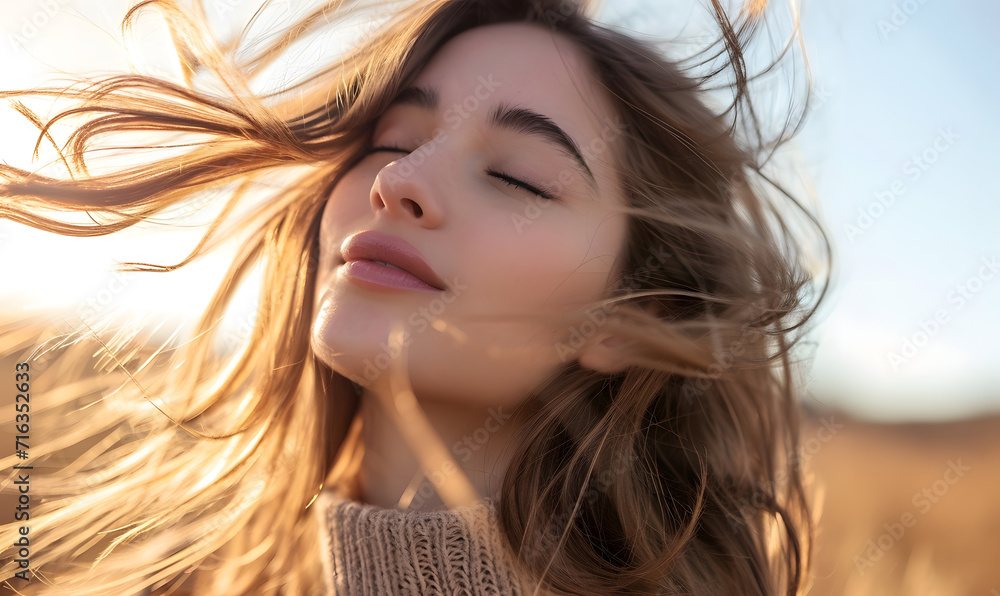 woman closing her eyes with her hair blowing, Generative AI woman closing her eyes with her hair blowing, Generative AI