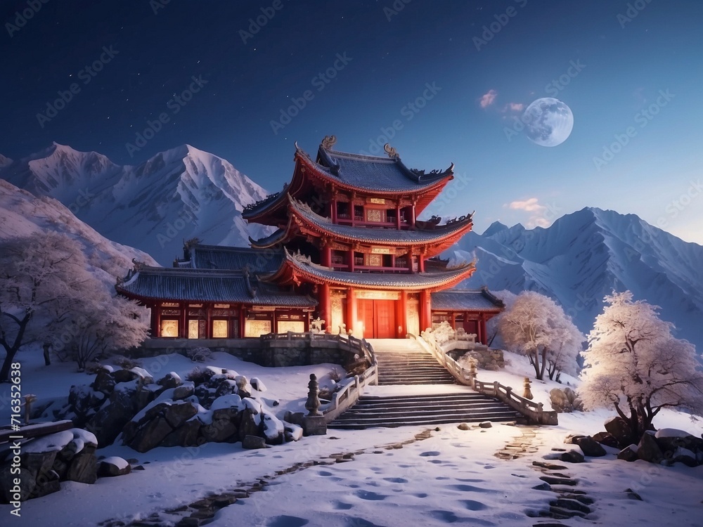 Chinese temple on snow mountain