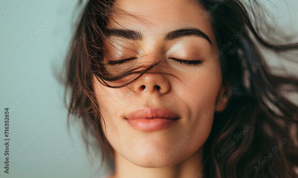woman closing her eyes with her hair blowing, Generative AI woman closing her eyes with her hair blowing, Generative AI