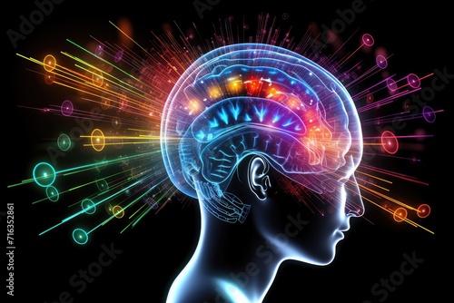 brain with colorful smoke, color dust, Kaleidoscopic, Vivid 3D Rendering and Creative illustration of human brain, plasticity, brain waves, thoughtful, thoughts, colorful, learning, neural, color bomb