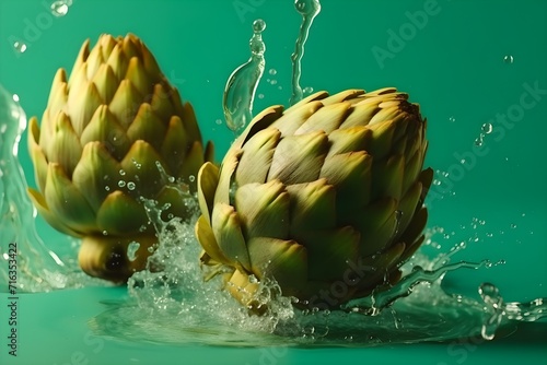 Fresh artichoke flying with water splashes on bright color background photo