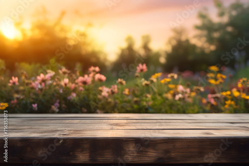 Empty rustic wooden table in front of beautiful flower garden in the sunset with blurry background. Product placement podium.