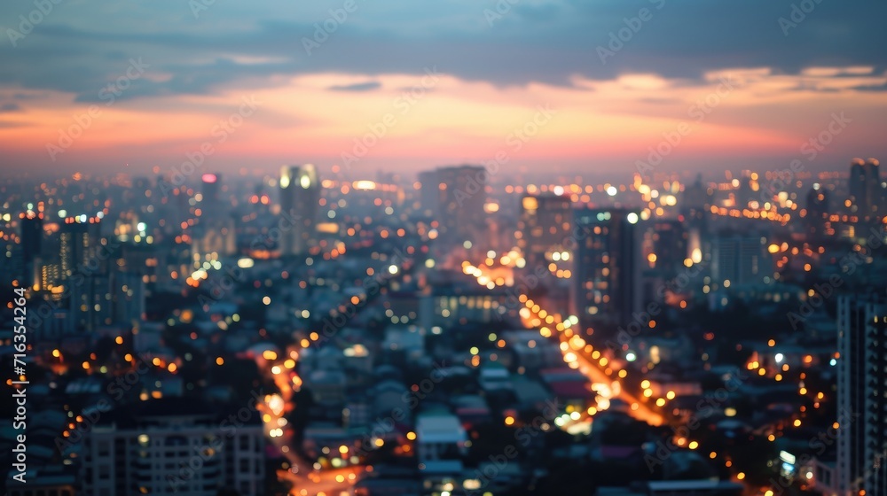 Obraz premium Aerial view of peaceful cityscape before sunrise in business city concept image, panoramic modern metropolis bird’s eye view at evening. Modern city with wireless network connection and city scape.