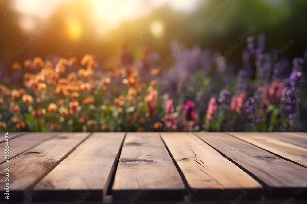 Empty rustic wooden table in front of beautiful flower garden in the sunset with blurry background. Product placement podium. - obrazy, fototapety, plakaty 