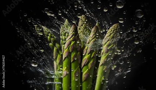 Fresh asparagus with water splashes and drops on black background photo