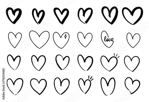 Collection set of hand drawn scribble hearts isolated on white background. Vector set of hand drawn hearts on a white background. Heart Icons Set, hand drawn icons and illustrations for valentines.