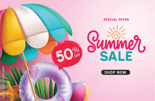 Summer sale text vector banner. Summer sale special offer discount with umbrella, floaters, starfish and beachball beach elements for tropical season design. Vector illustration summer sale banner. 
