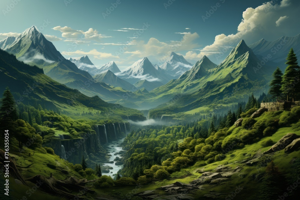 Mountain Range Amidst Lush Evergreen Forest, on an isolated Forest Green background, Generative AI
