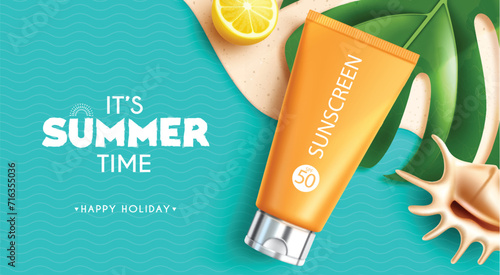 Summer time text vector banner. It's summer time happy holiday with sunscreen lotion for product advertisement and brochure design. Vector illustration summer time banner design. 
