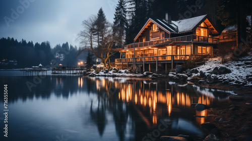 Cozy Cabin by a Lake at Dusk