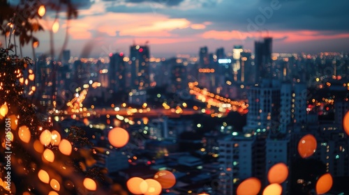 Aerial view of peaceful cityscape before sunrise in business city concept image, panoramic modern metropolis bird’s eye view at evening. Modern city with wireless network connection and city scape.