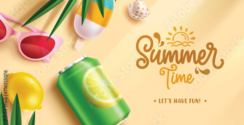 Summer time text vector design. Summer time greeting with tropical drinks soda, cola and juice in can  elements for beach vacation. Vector illustration summer time greeting design. 

